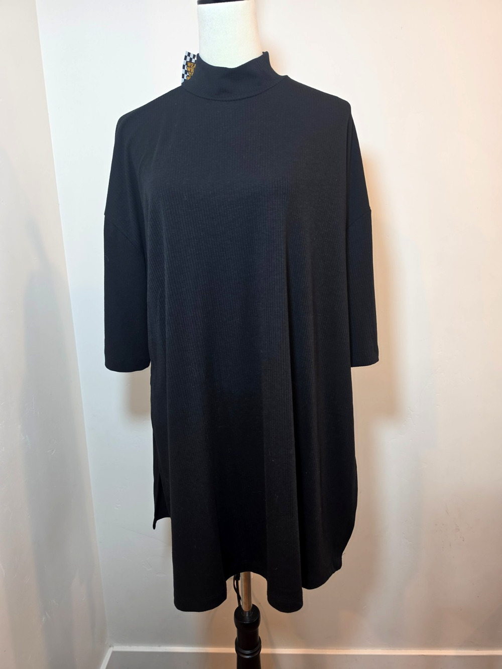 DRESSED in LALA  Ribbed Short Sleeve T Shirt Dress Size M Black Slit Side